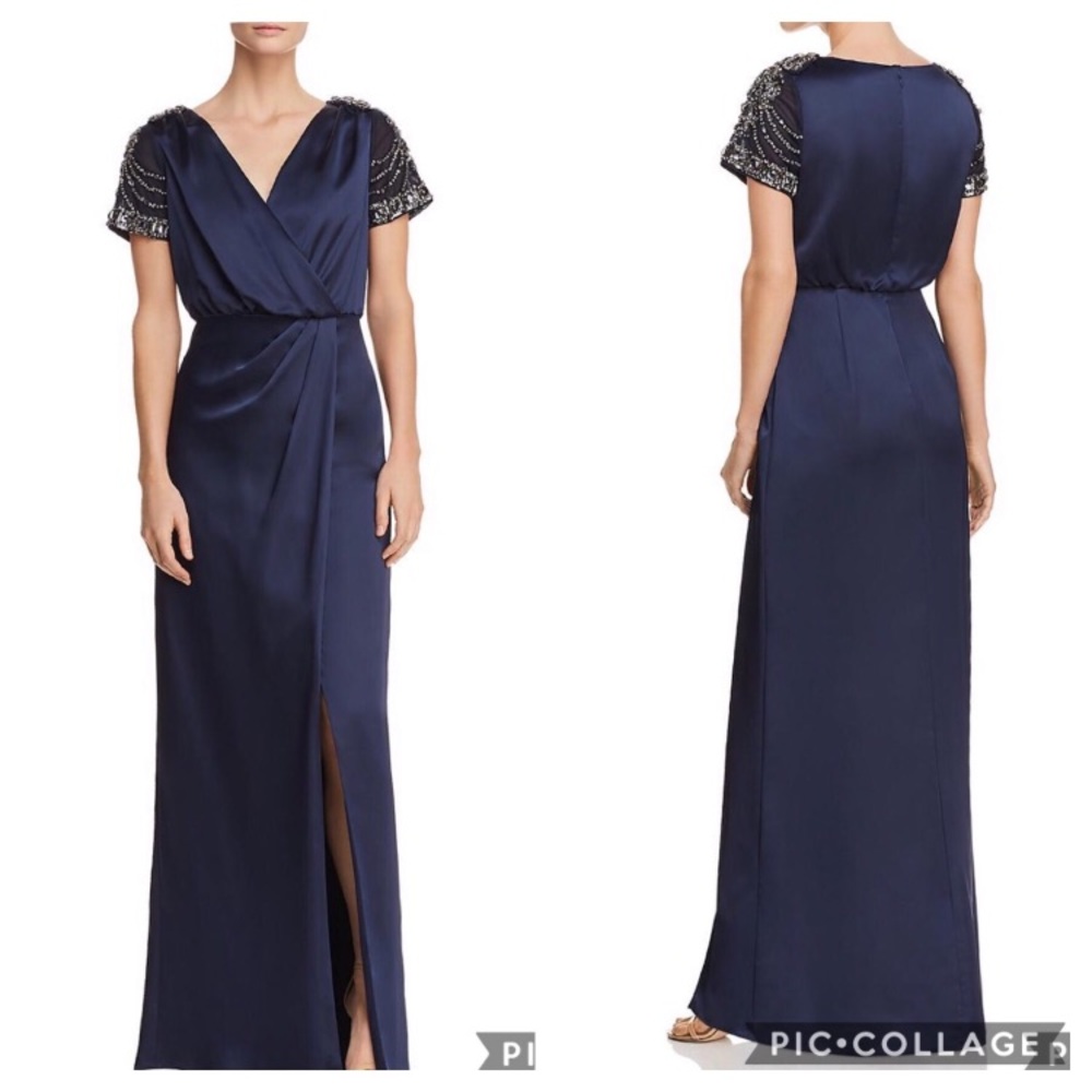 Aidan Mattox embellished short sleeve satin long gown